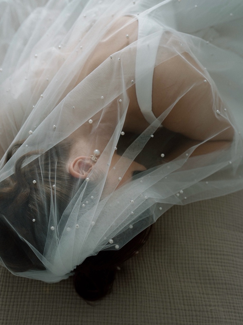 Pearl-Embellished White Bridal Veil